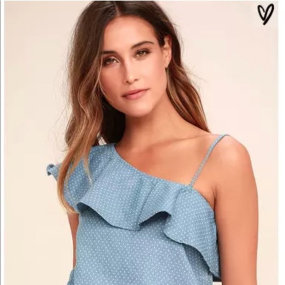J.O.A. Tops - J.O.A. Blue Chambray One-Shoulder Polkadot Top XS